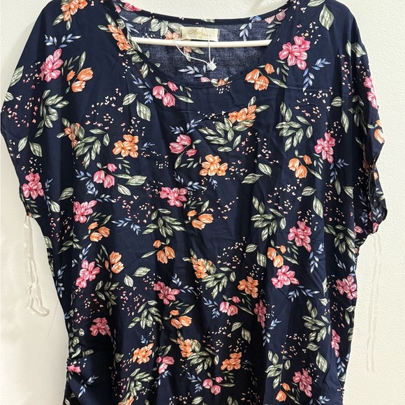 Ace Fashion Tops - Ace Fashion‎ Navy Blue Floral Short Sleeve Blouse Cinch Side Top Womens 2X